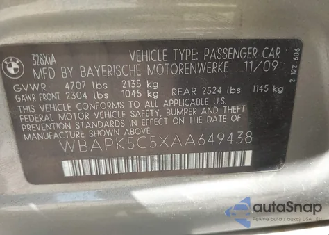 2010 BMW 328I xDrive из США, поврежденный, VIN WBAPK5C5XAA649438